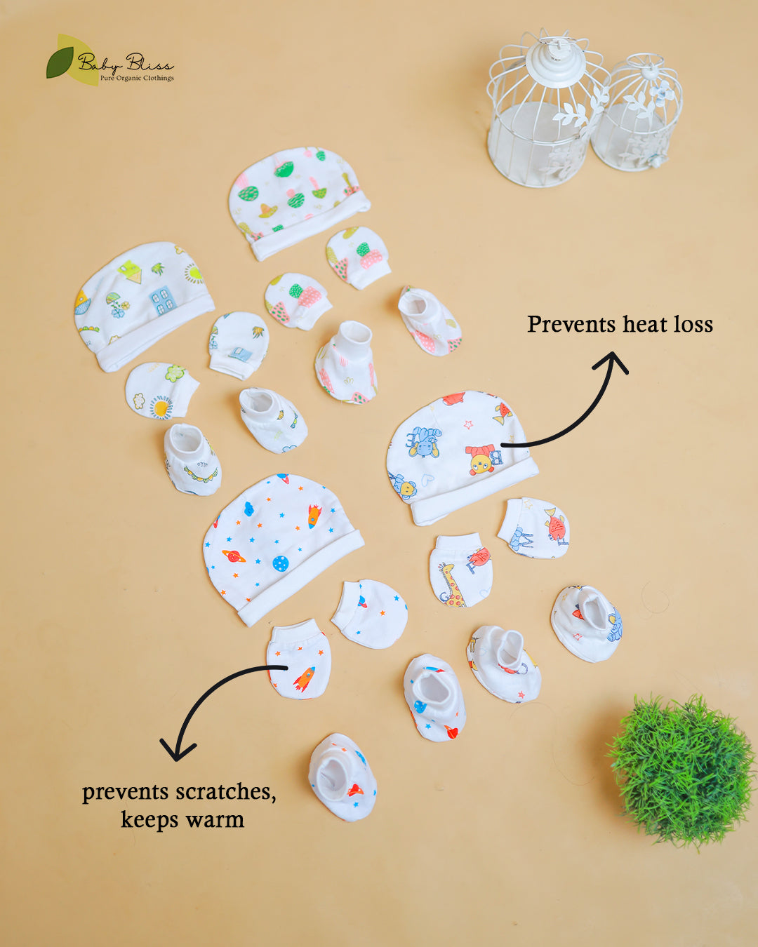 Muslin Baby Caps, Mittens & Booties Set