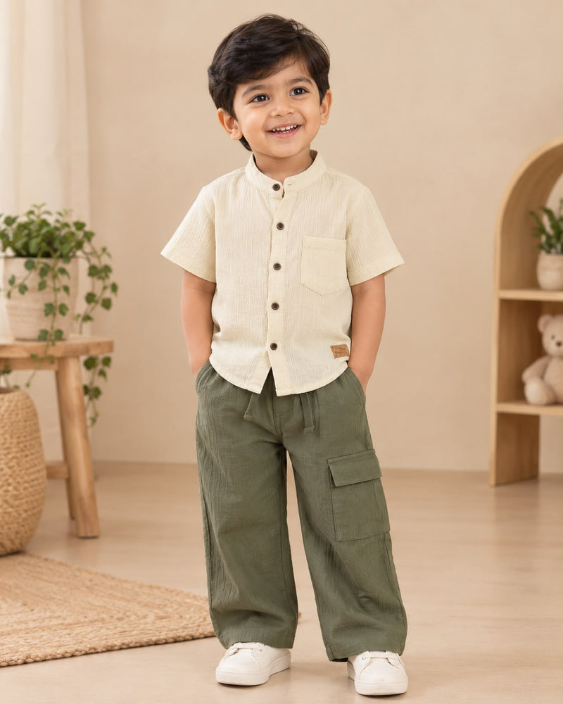 Korean Muslin Shirt + Cargo Pant ( 2-8 Yrs)- Solid