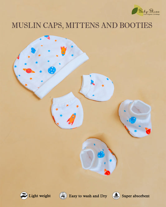 Muslin Baby Caps, Mittens & Booties Set
