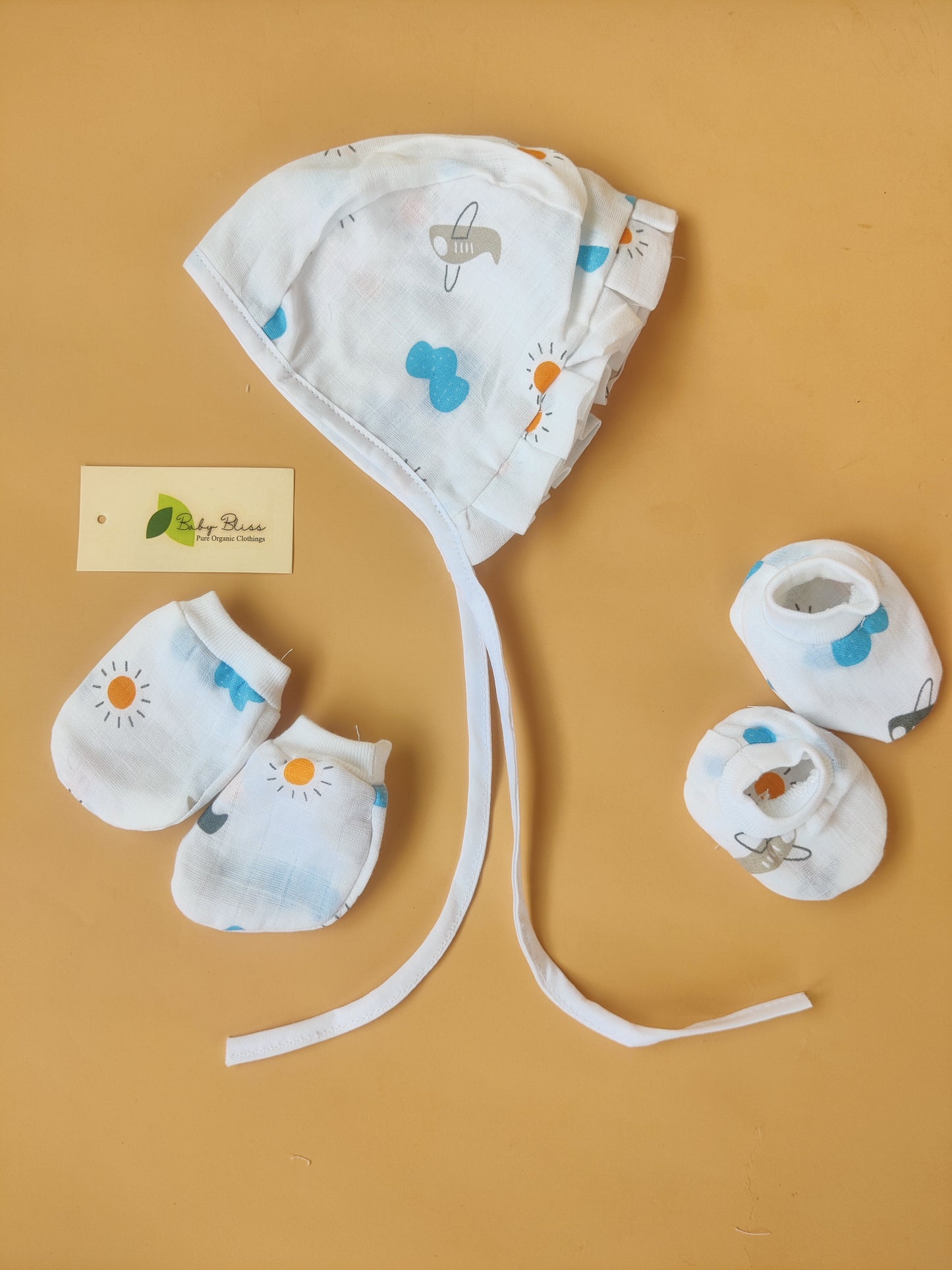 Muslin Baby Caps, Mittens & Booties Set