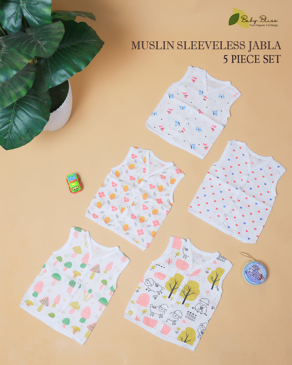 Muslin Sleeveless Jabla (0–3 Years) Snap Button