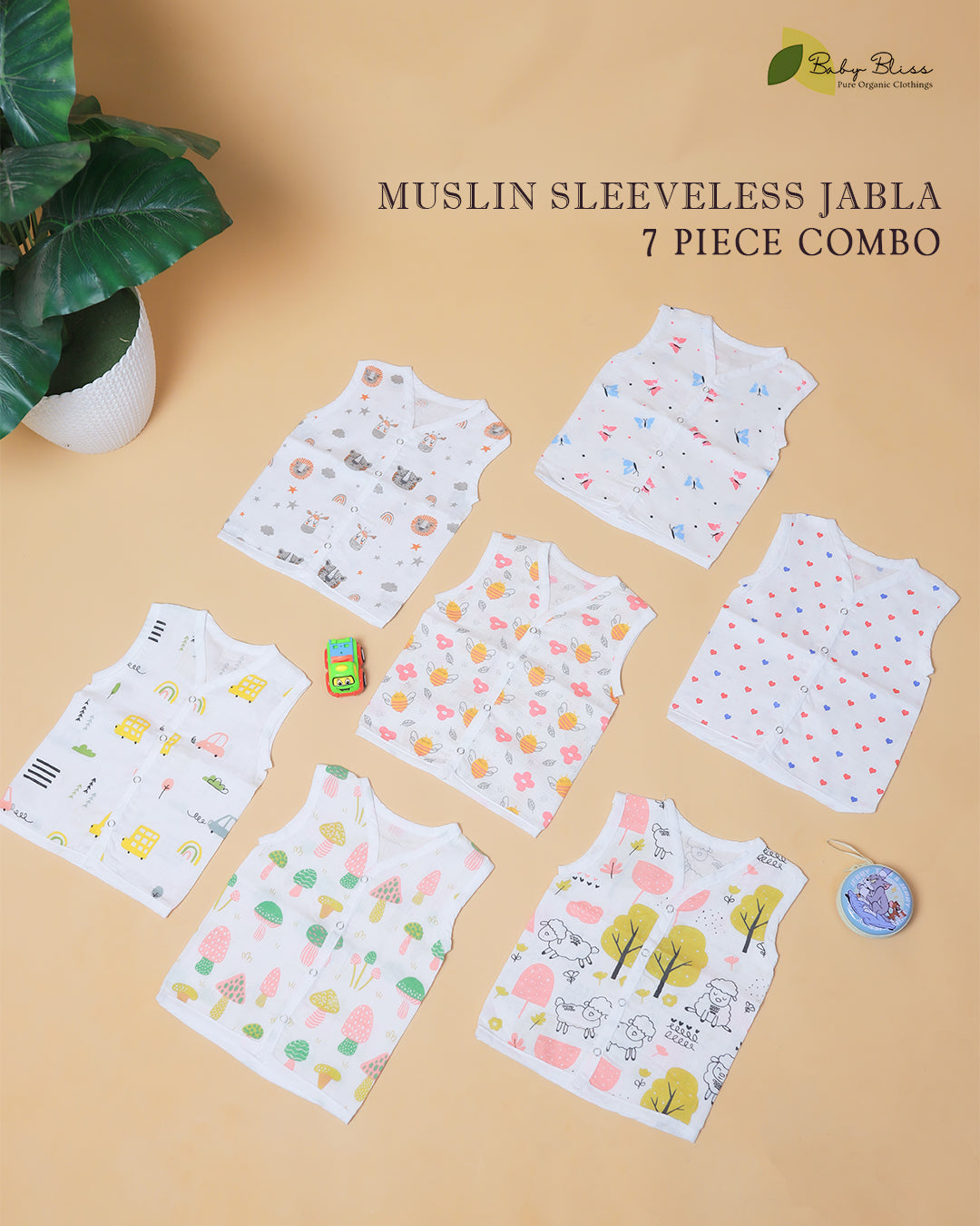 Muslin Sleeveless Jabla (0–3 Years) Snap Button