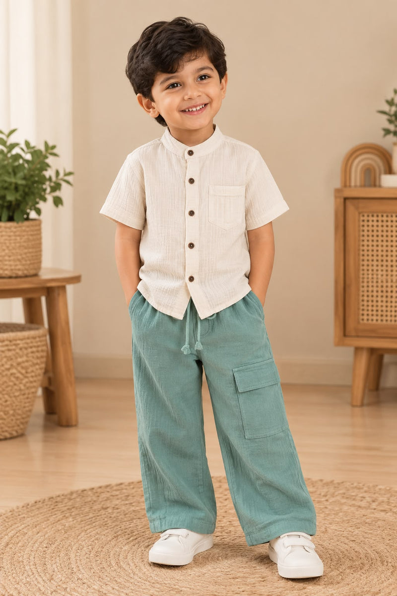 Korean Muslin Shirt + Cargo Pant ( 2-8 Yrs)- Solid