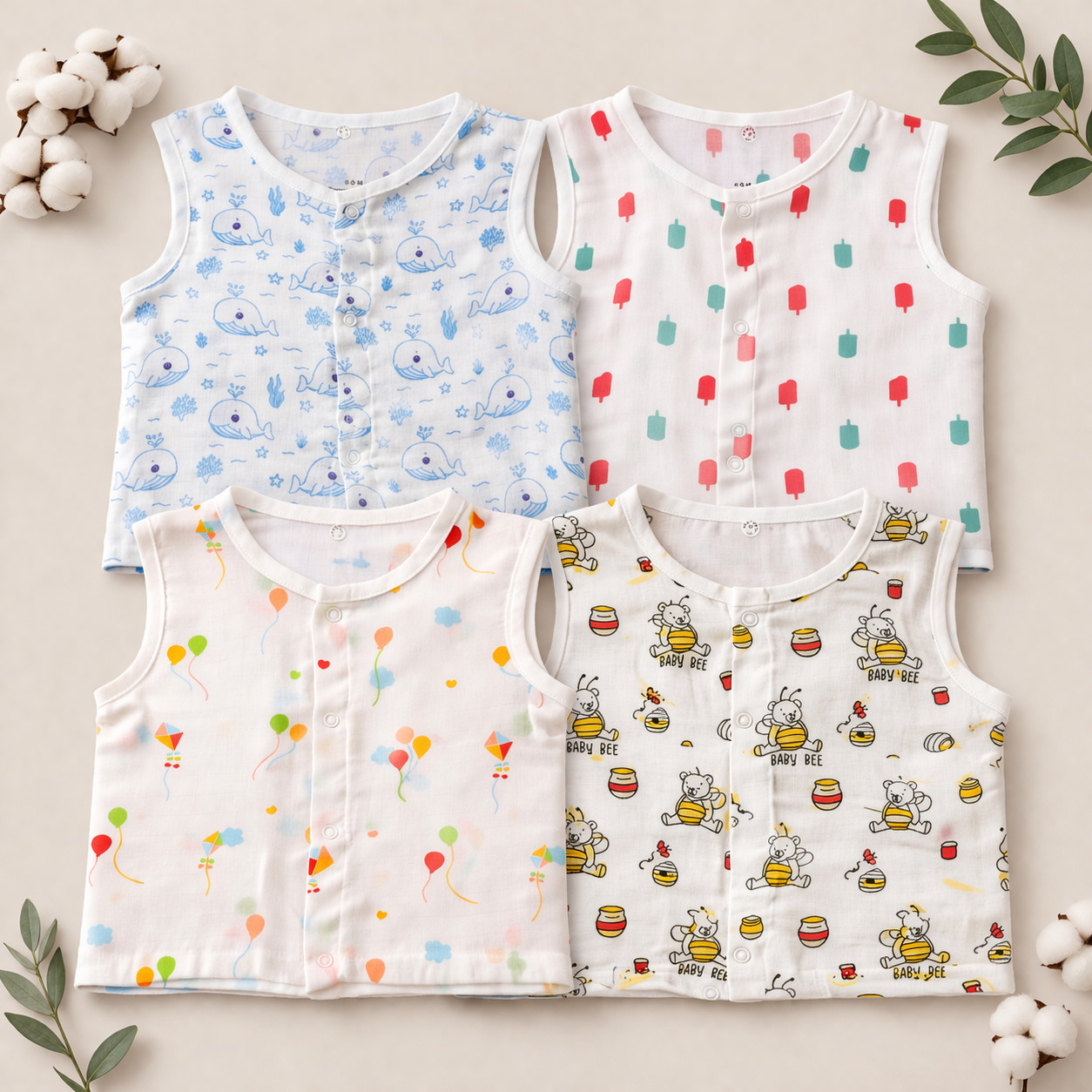 Muslin Sleeveless Jabla (0–3 Years) Snap Button