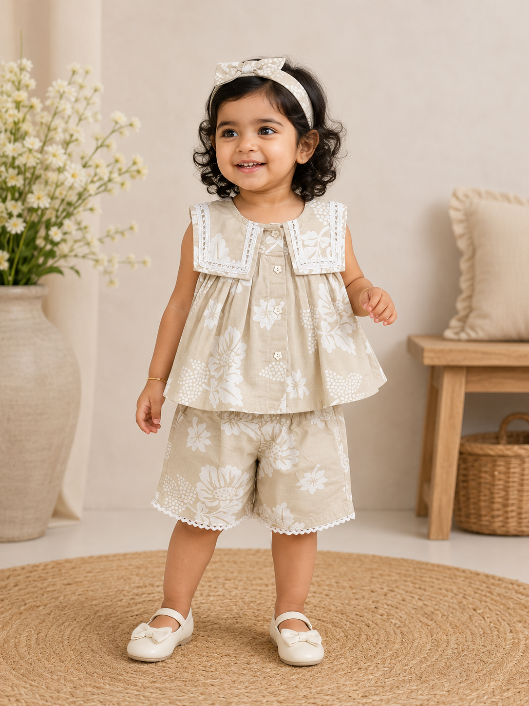 Premium Cotton Box Collar Top & Shorts Set with Matching Hairband