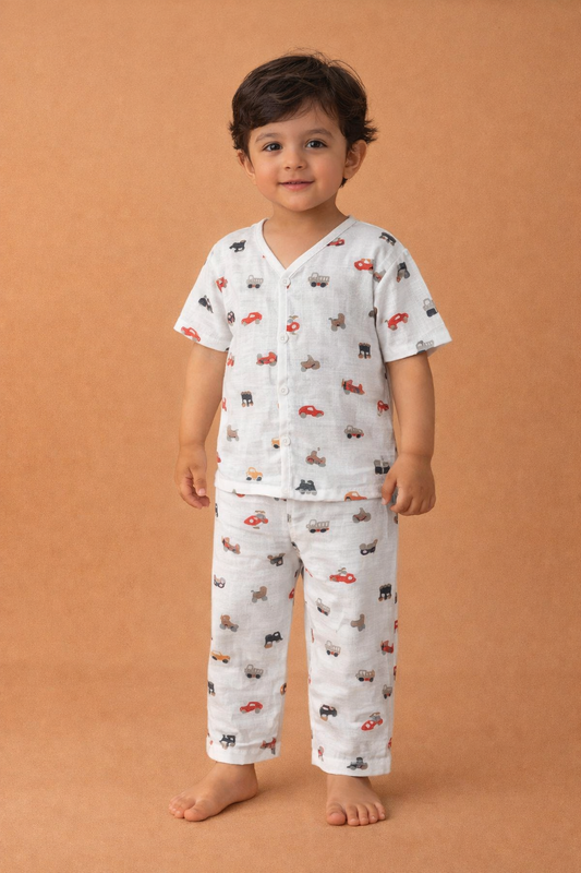 Muslin Half Sleeve + Pant ( Regular Button ) - (1-3 yrs)