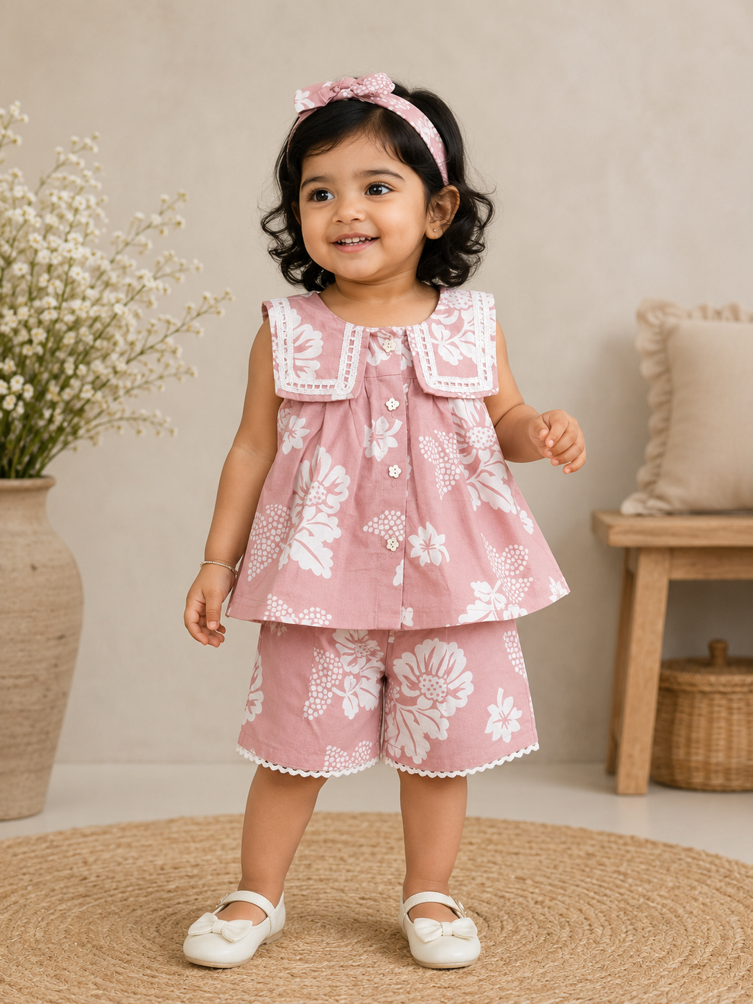 Premium Cotton Box Collar Top & Shorts Set with Matching Hairband