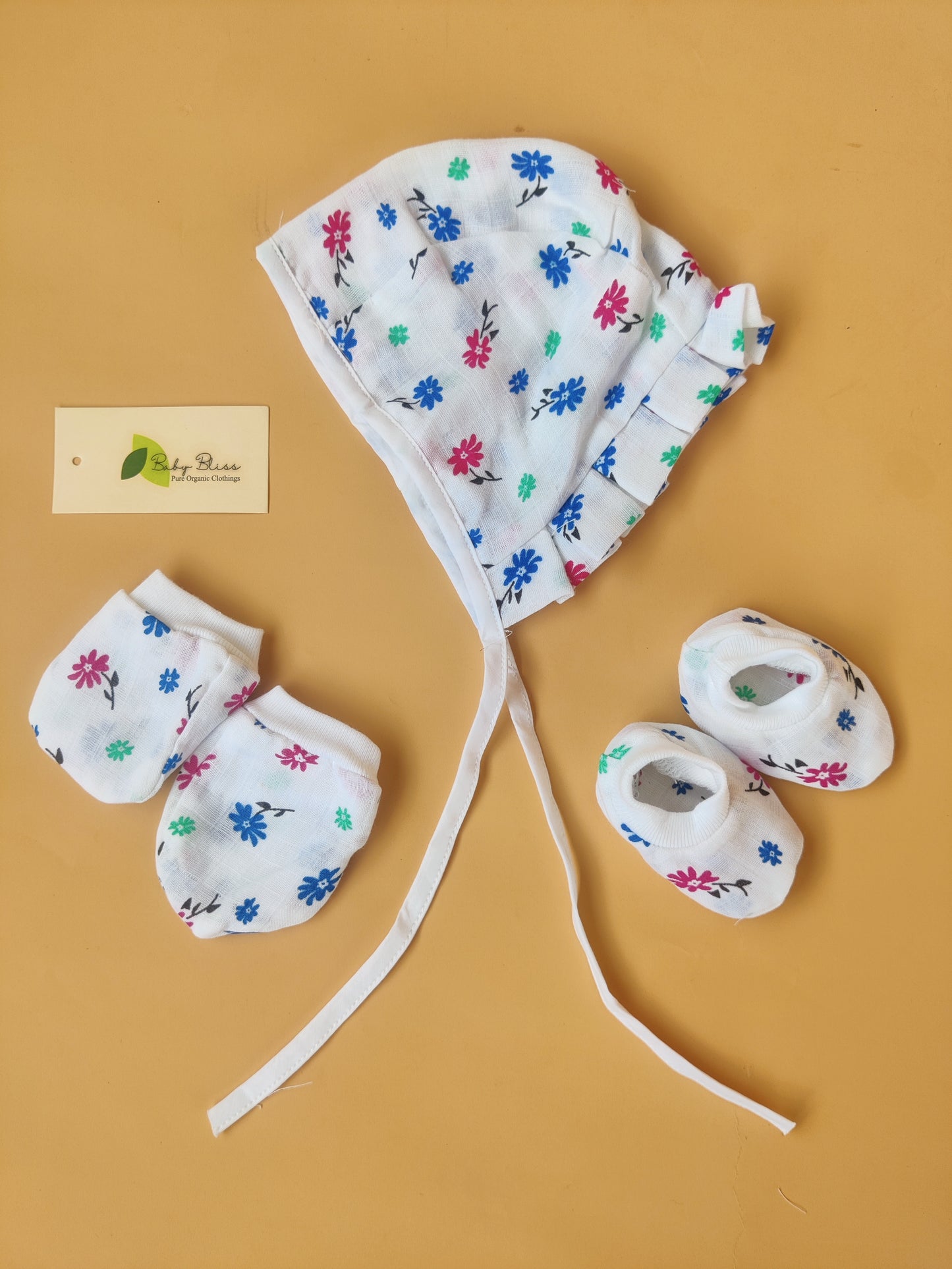 Muslin Baby Caps, Mittens & Booties Set