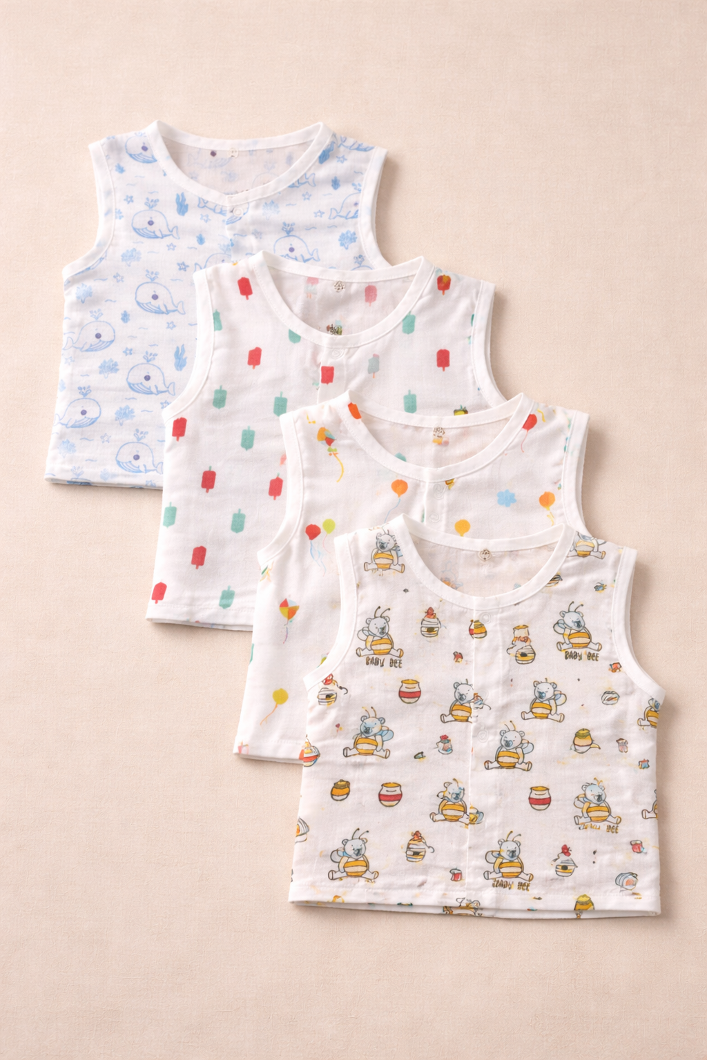 Muslin Sleeveless Jabla (0–3 Years) Snap Button