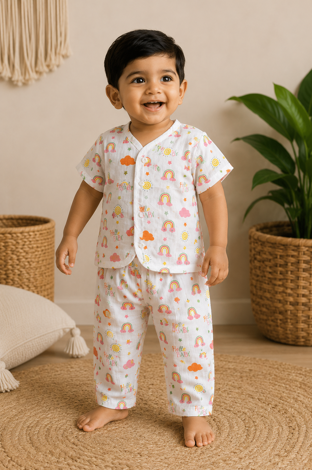 Muslin Half Sleeve + Pant ( Regular Button ) - (6 Months -5  yrs)