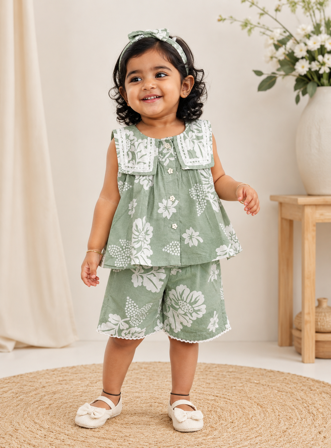 Premium Cotton Box Collar Top & Shorts Set with Matching Hairband